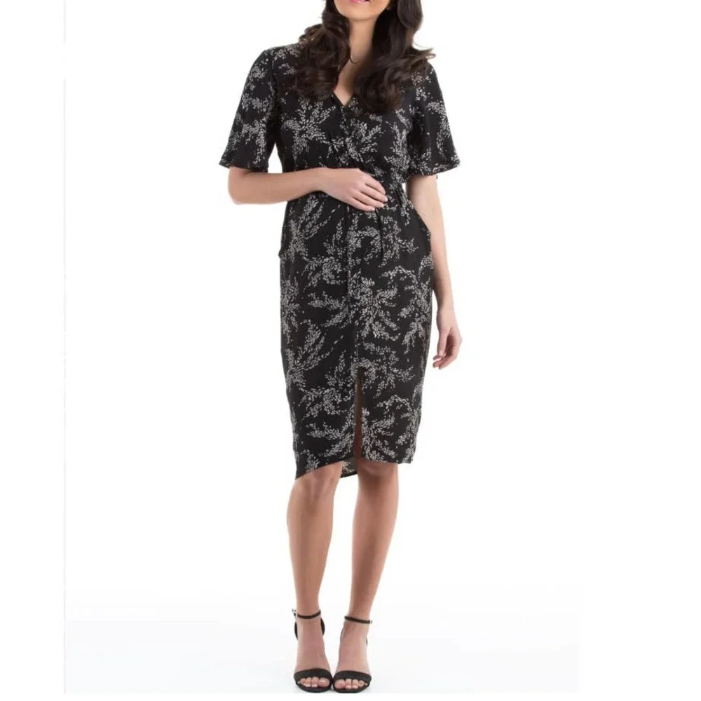 Angel Maternity Printed Maternity & Nursing Wrap Dress Black Size XXL